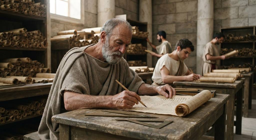An elderly scholar in a chiton and himation studies papyrus scrolls and geometric tools at a wooden desk in the Great Library of Alexandria.