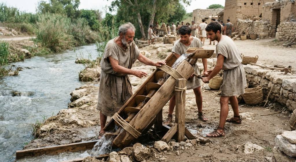 A wooden cylinder with a spiral thread sits partially submerged in a shallow river channel.