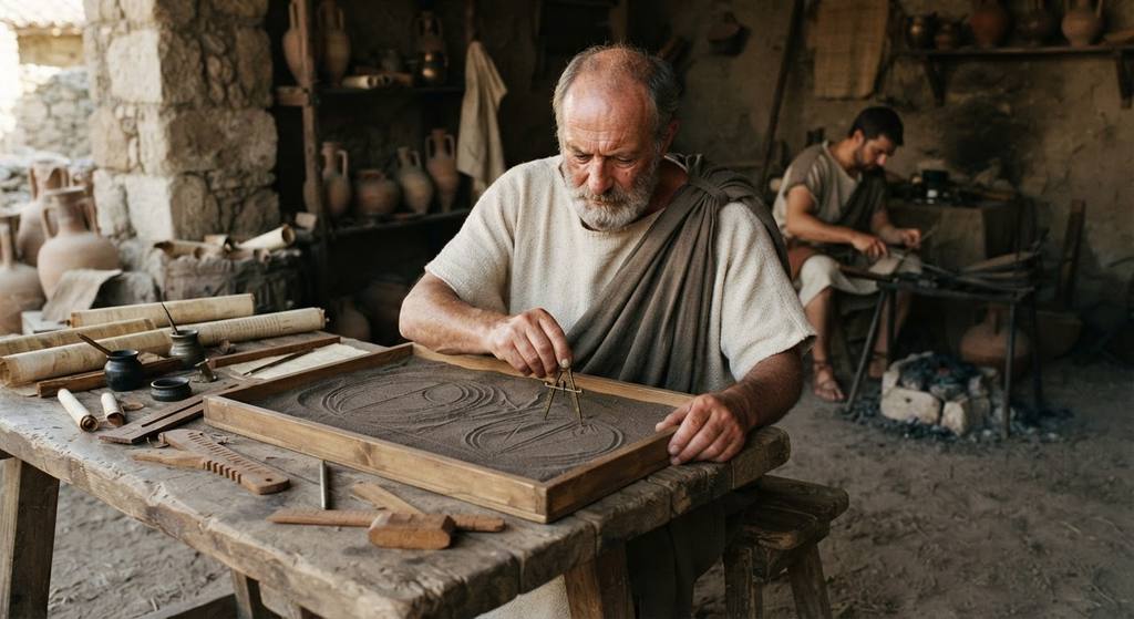 Hands use a bronze compass to draw precise circular and parabolic diagrams into a tray of fine sand.
