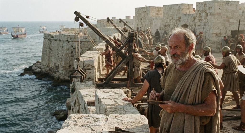 Massive timber cranes and defensive stone fortifications stand along the coastal walls of Syracuse.