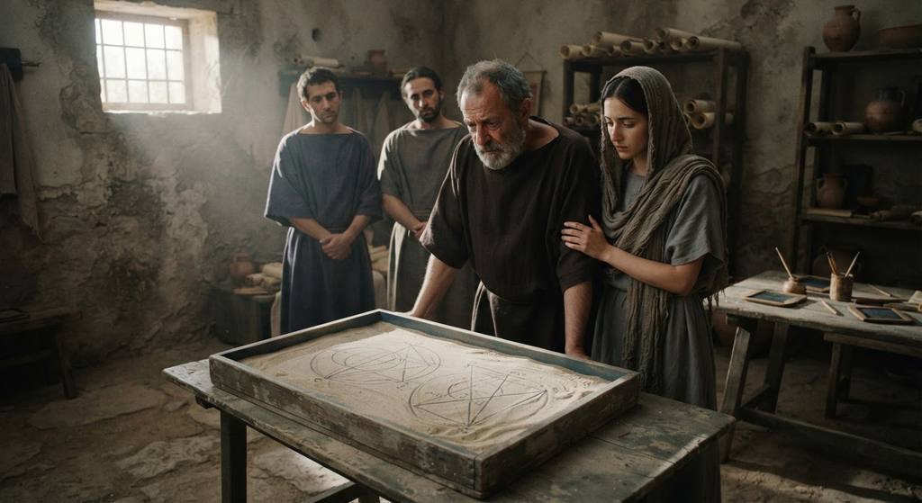 Geometric diagrams are sketched into a tray of sand in a quiet, sunlit scholar's room.