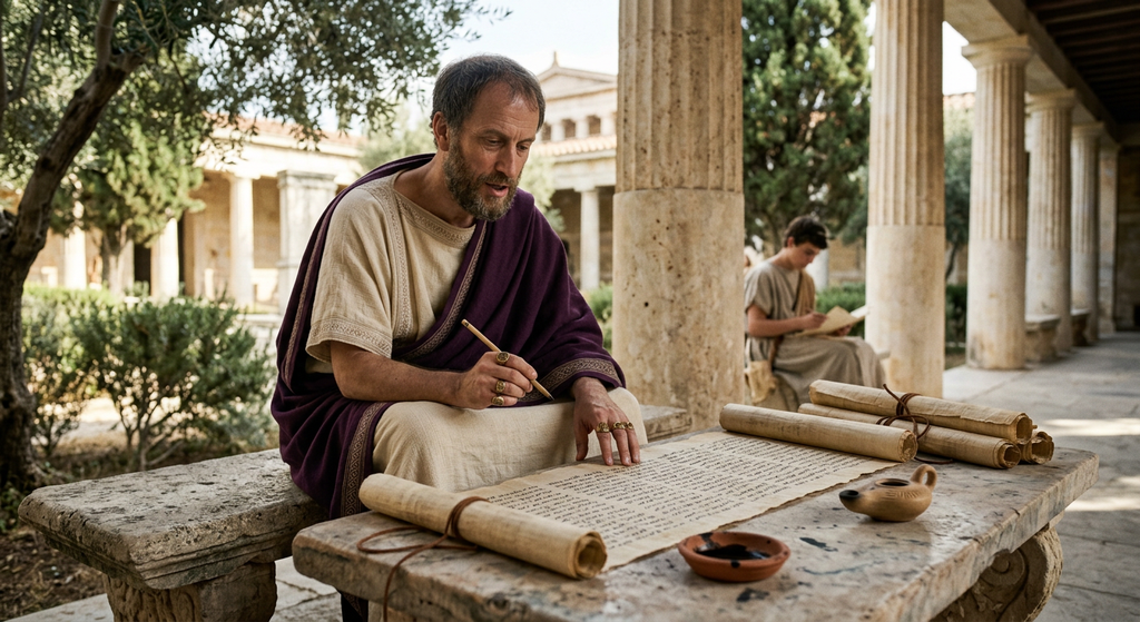 An open ancient Greek parchment scroll sits on a carved stone table inside the shadowed halls of the Lyceum.