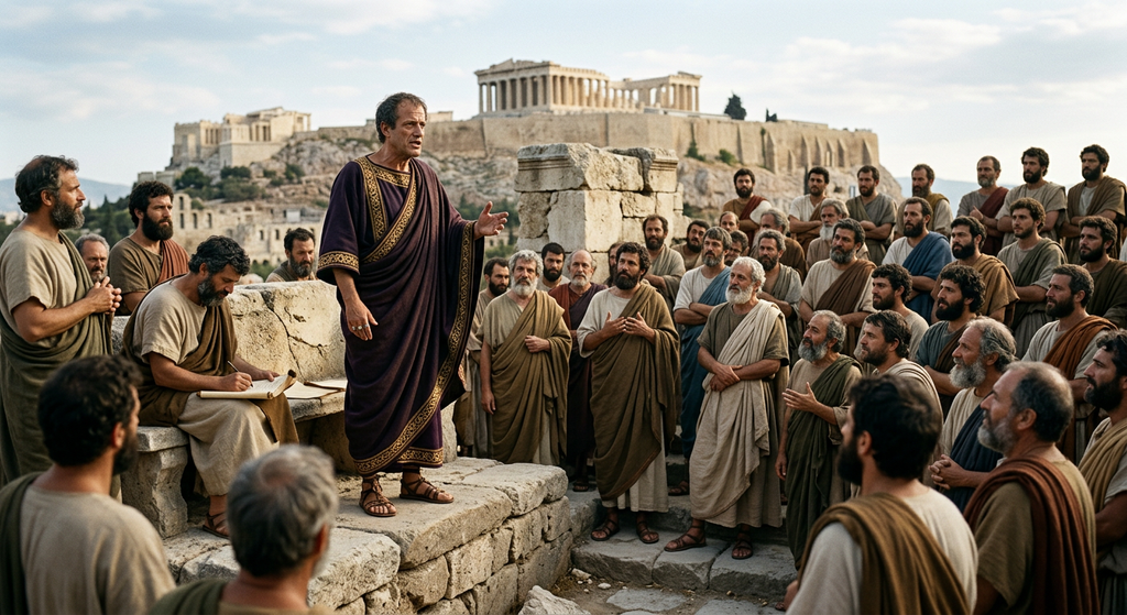 Athenian citizens assemble in a stone outdoor arena to hold civic discussions under bright daylight.