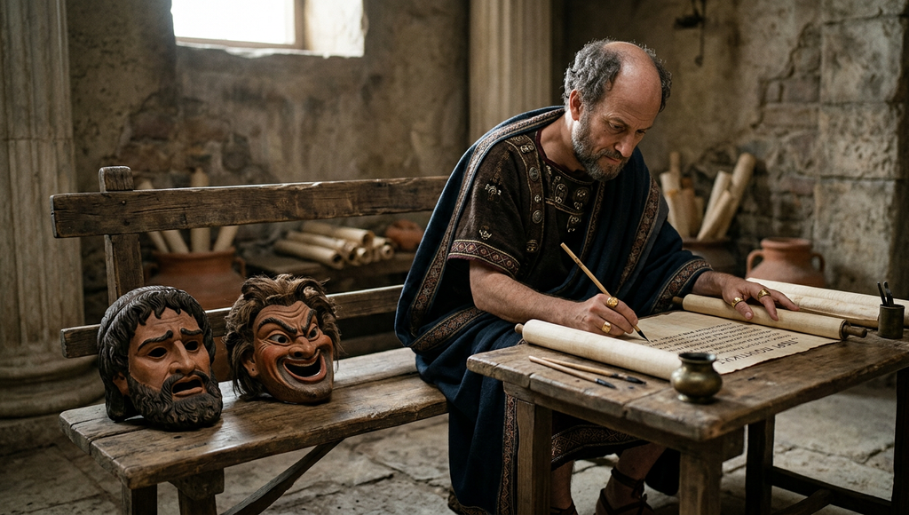 Classical Greek masks of tragedy and comedy lie together on a carved wooden bench.