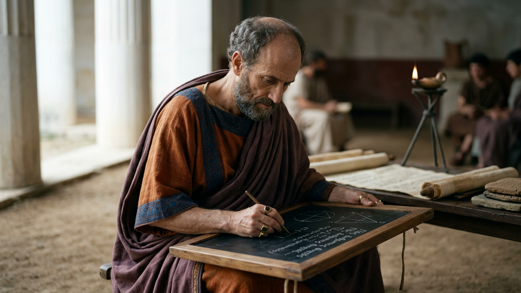 Etched geometric diagrams and formal logical proofs mark the dark surface of an ancient wax tablet.