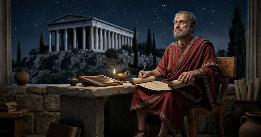 A vast night sky filled with stars arches above the tall stone columns of an ancient Greek temple.