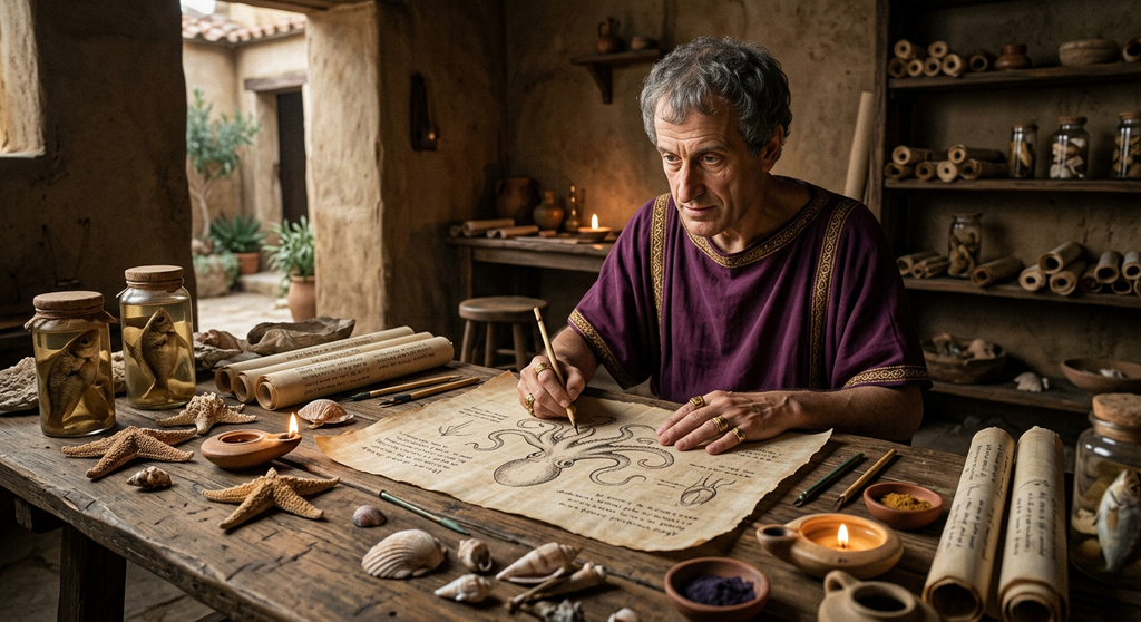Detailed anatomical sketches of sea creatures are drawn across an ancient sheet of light parchment.