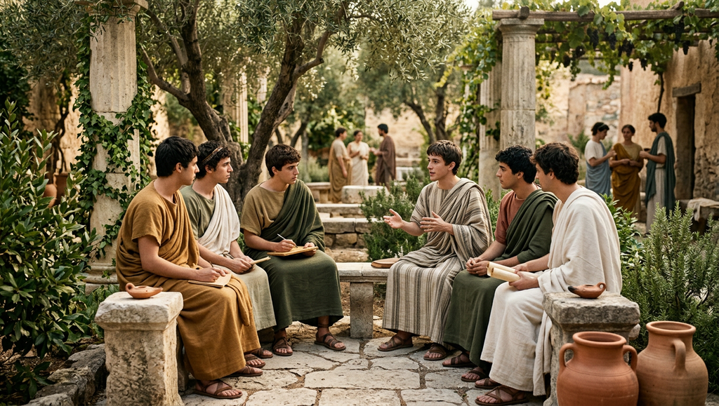 Young students clad in Greek himations converse together in a leafy shaded garden in ancient Athens.