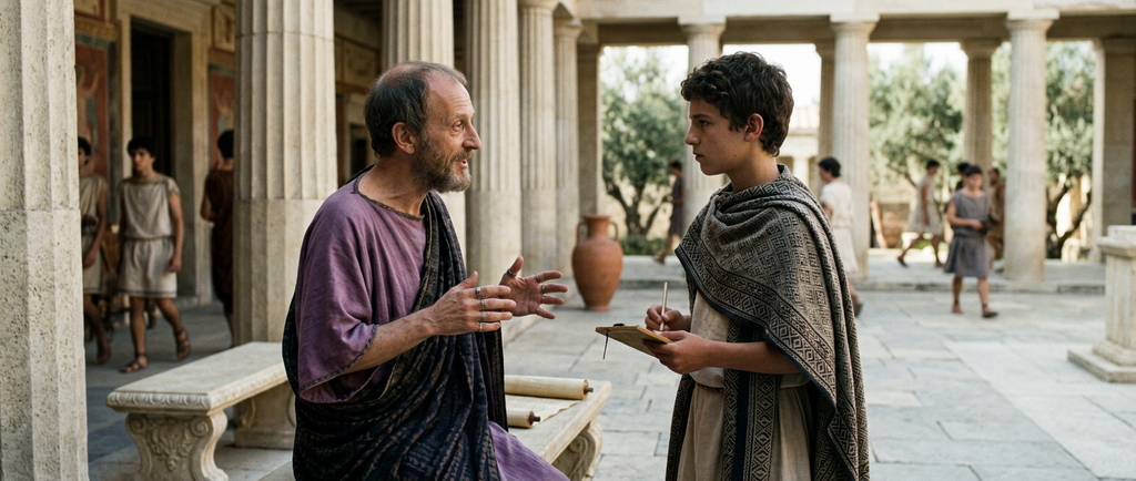 A bearded philosopher talks with a young prince inside a spacious open-air Macedonian courtyard.