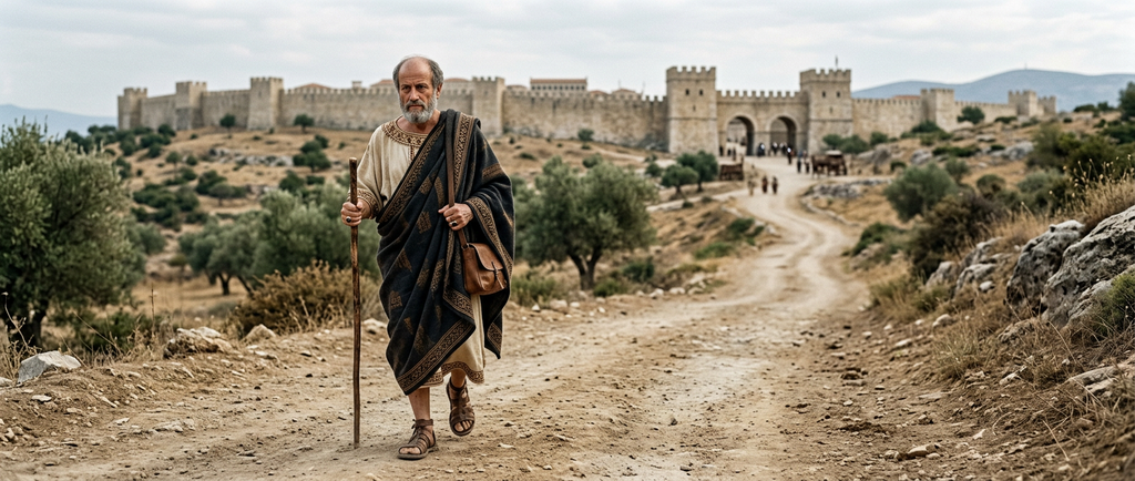 A solitary traveler wrapped in a dark cloak walks along a dusty rural road away from ancient stone city gates.