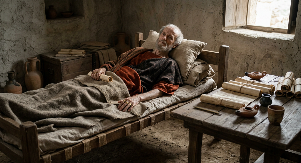 Warm sunlight shines across a quiet room onto a simple bed and rolled parchment scrolls on a wooden table.