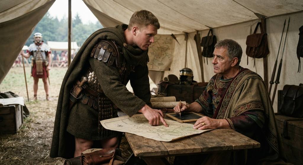 Arminius points to a map while advising Governor Varus inside a military tent.