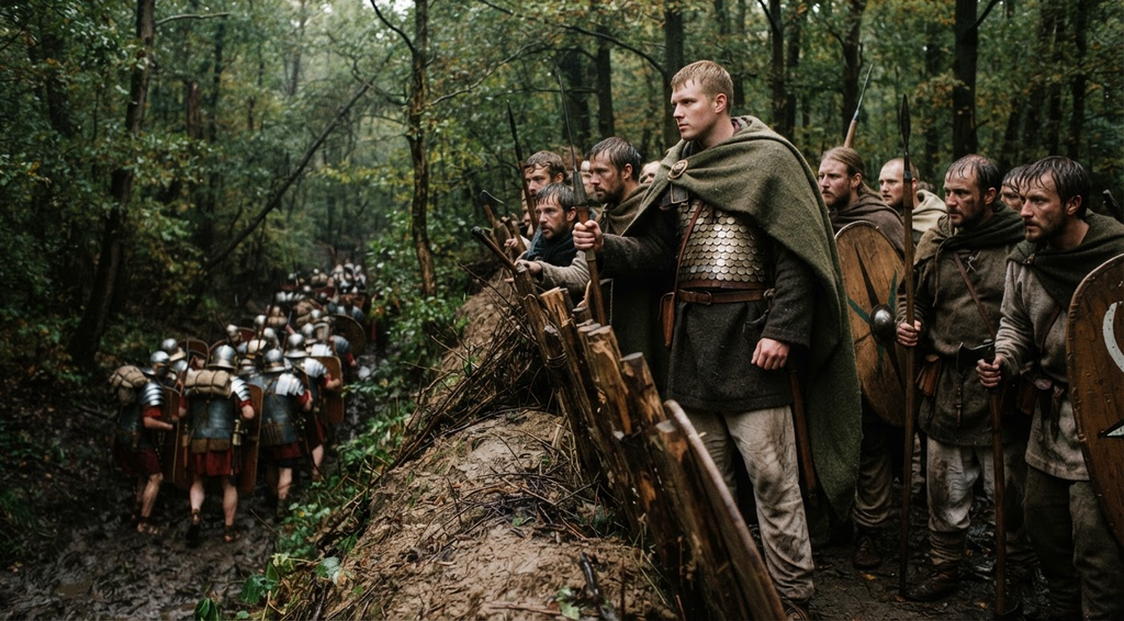 Germanic fighters watch from behind an earthen wall as a Roman column enters a forest.