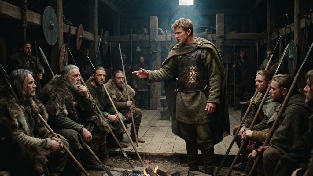 Arminius speaks to a council of tribal chieftains inside a timber hall.