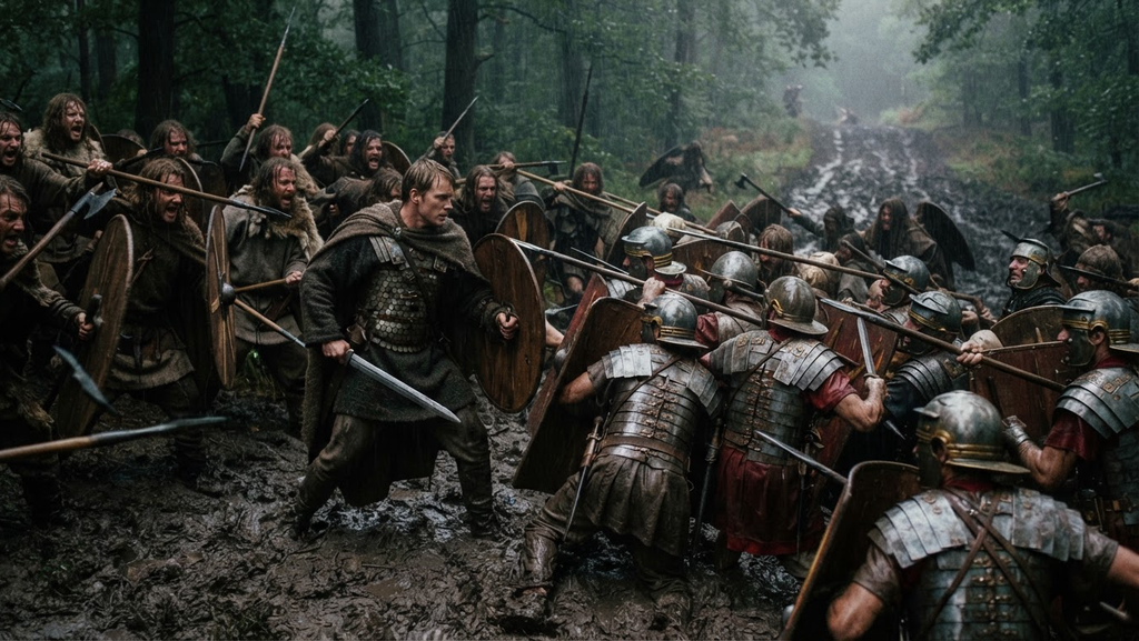 Warriors attack Roman legionaries struggling through mud in a heavy downpour.