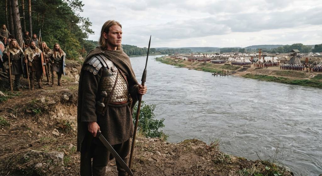 Arminius stands on the high banks of the Weser River, facing Roman legions across the water.