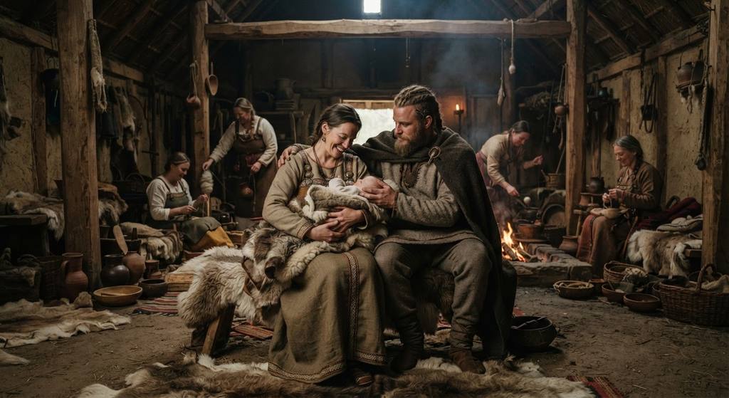 A newborn infant wrapped in furs lies in a timber hall surrounded by family members in a warm, domestic scene.