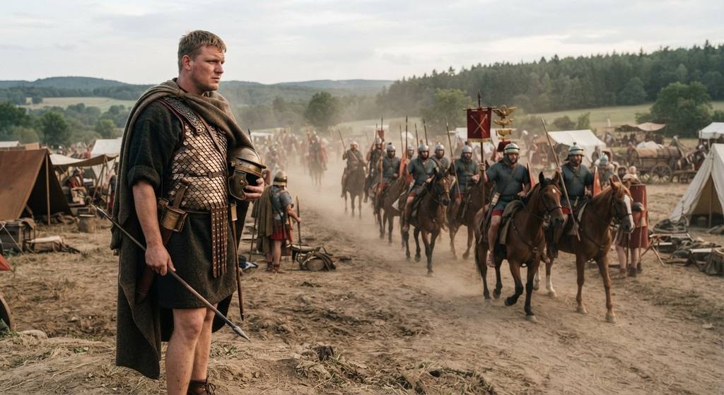 Arminius in Roman auxiliary armor observes a formation of Roman cavalry units from a distance.