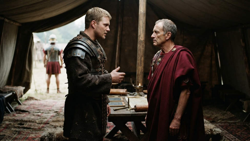 Arminius converses with Governor Varus inside a carpeted Roman command tent.