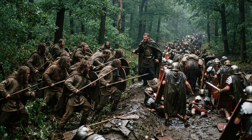 Germanic warriors ambush a Roman column on a muddy, rain-drenched forest path.