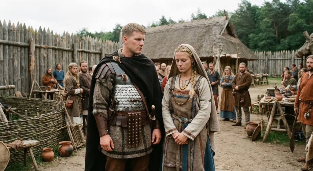 Arminius and Thusnelda stand together near a wooden tribal enclosure.