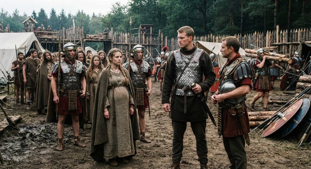 A pregnant Germanic noblewoman stands before Roman officers in a military camp.