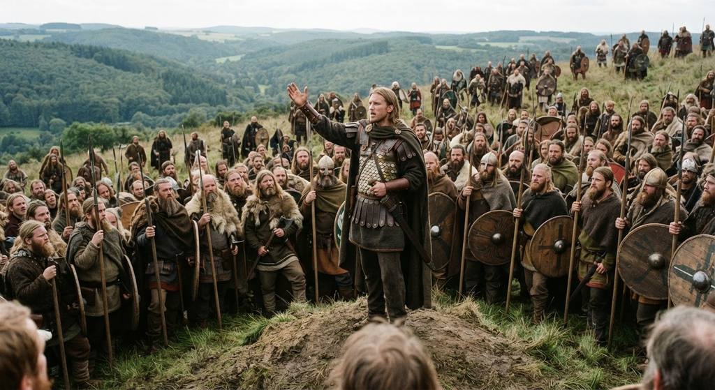 Arminius addresses a large assembly of armed tribal chieftains on a grassy hill.