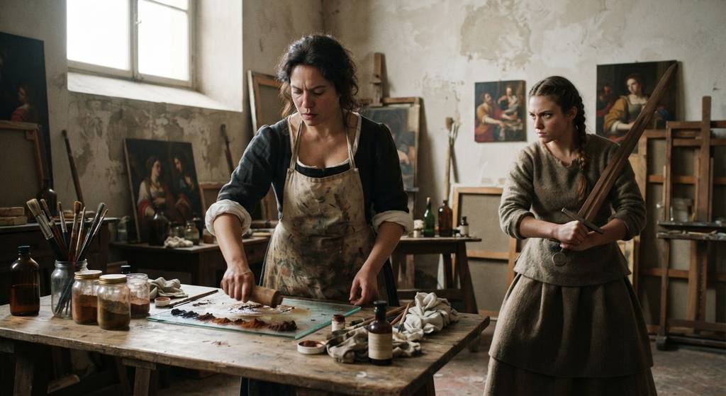 Artemisia mixes pigments while observing a female model posing with a wooden sword.