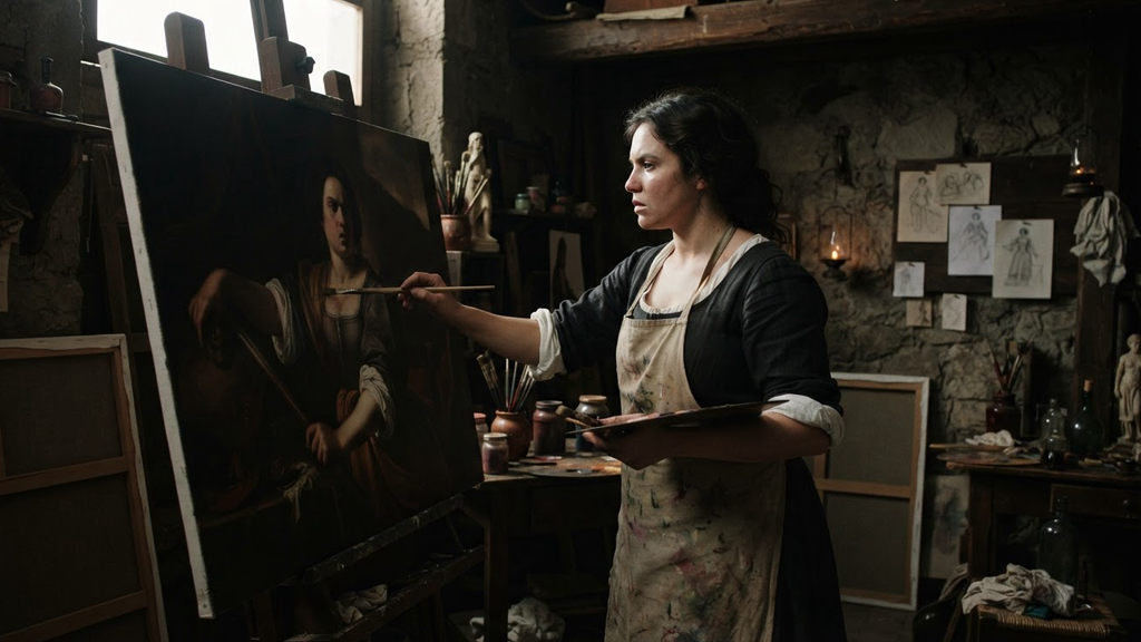 A large canvas featuring a resolute heroine stands under dramatic light in a workshop.