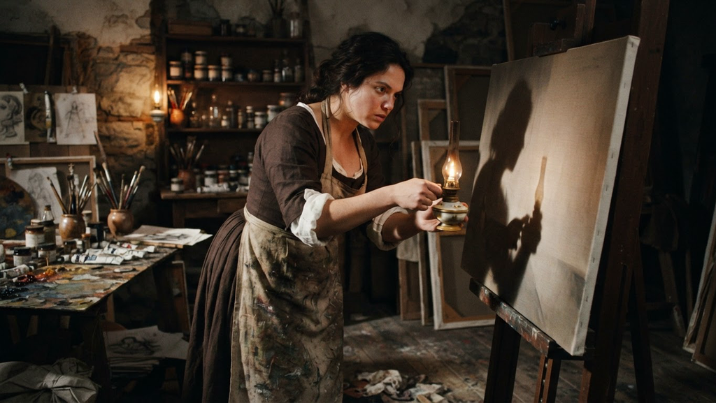 Artemisia adjusts oil lamps to cast sharp, dramatic shadows across a canvas on her easel.