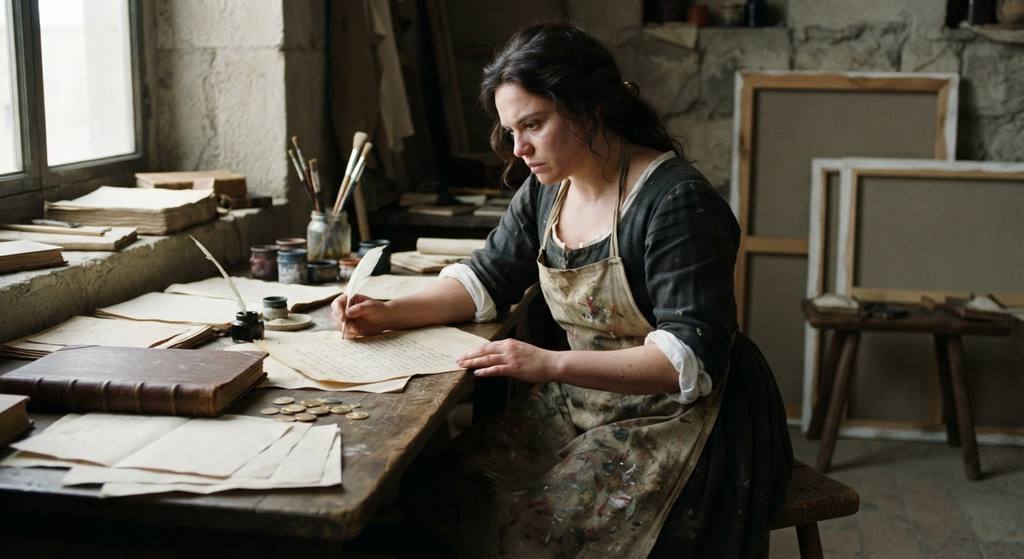 Artemisia reviews a commission contract at a desk covered with leather ledgers and gold coins.