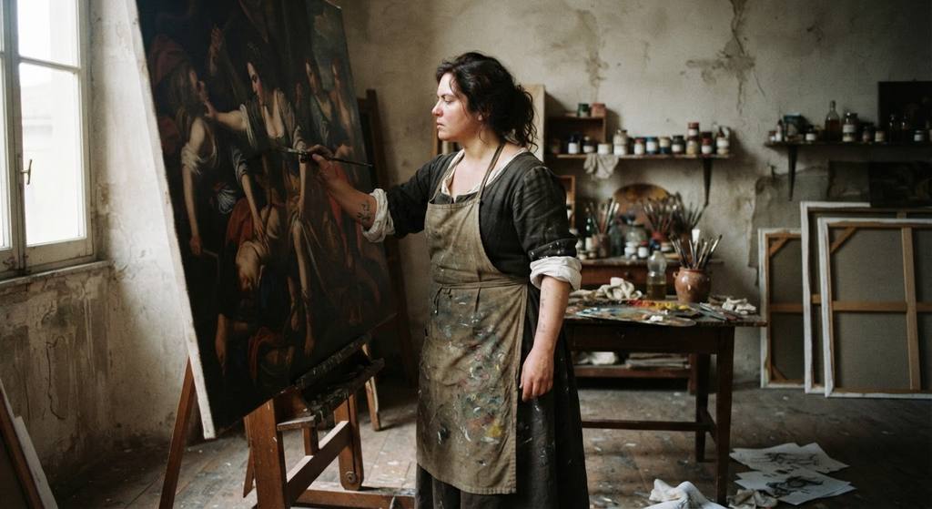 A massive historical painting on a tall wooden easel towers over Artemisia in her studio.