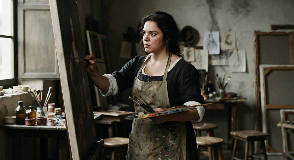 Artemisia applies oil paint to a large linen canvas in her workshop, wearing a stained apron.