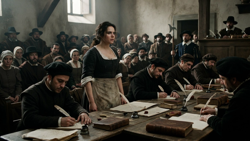 Artemisia stands in a dimly lit, stone-walled Roman courtroom while scribes record testimony.