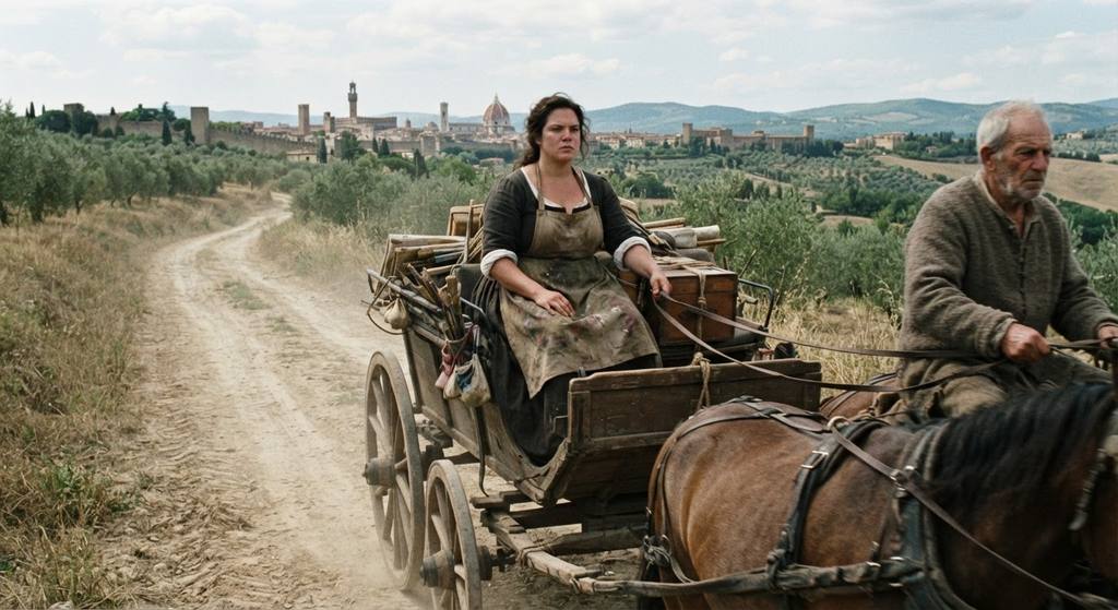 A horse-drawn carriage travels along a dusty, sun-drenched road in the Tuscan countryside.