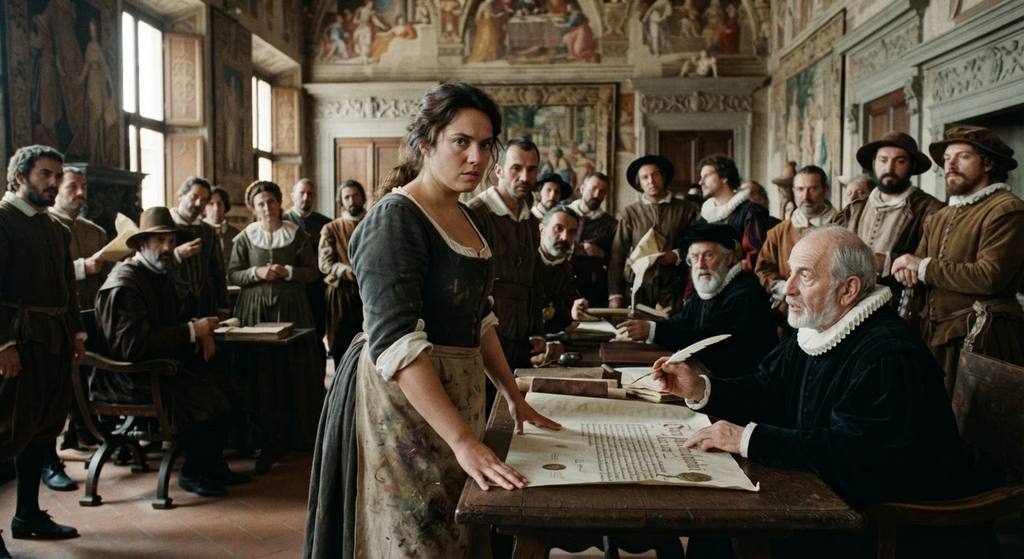 Artemisia stands in an ornate Florentine hall as scholars and artists gather around a parchment.