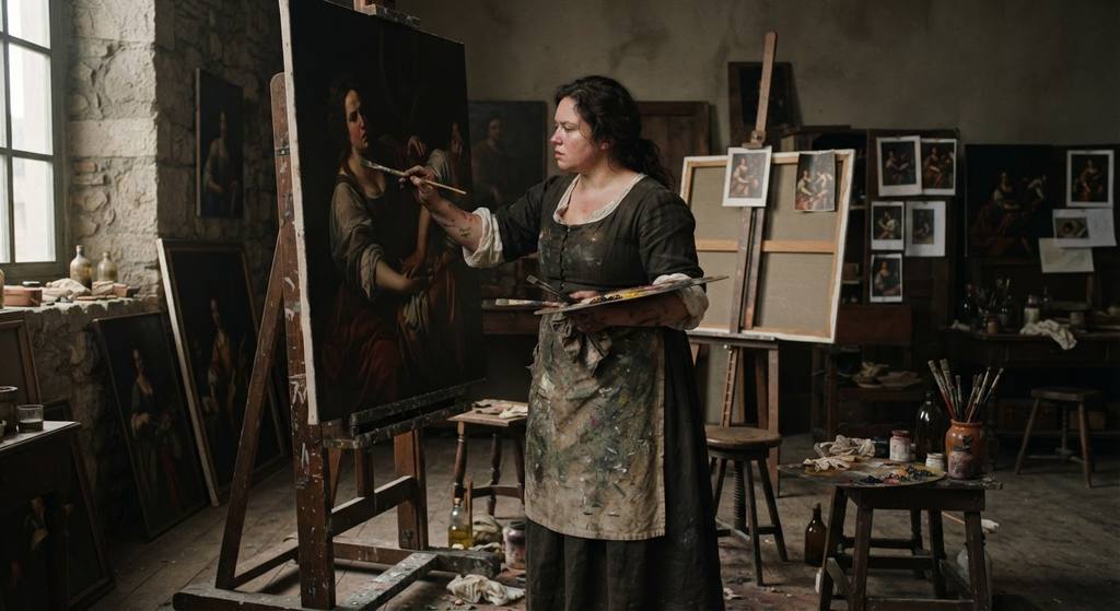 Artemisia works in her Roman studio, which is filled with large canvases displaying dramatic chiaroscuro.