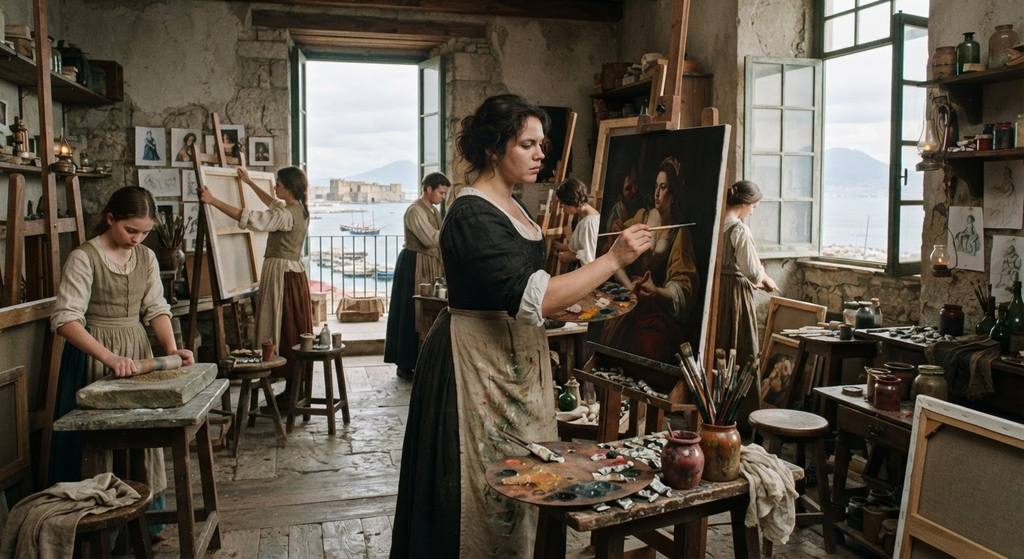 Artemisia paints in her bustling Neapolitan workshop, which features a view of the Mediterranean bay.