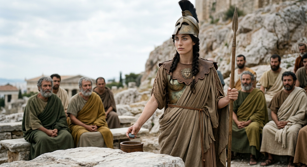 Helmeted Athena holds a voting pebble before a jury of Athenian citizens gathered on a rocky hill.