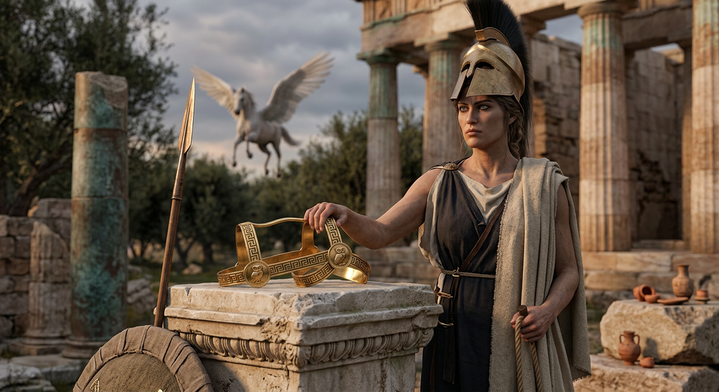 Helmeted Athena stands beside a stone altar with a golden bridle as a winged horse flies overhead.