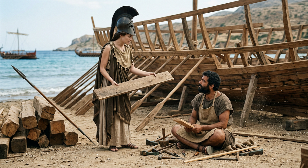 Athena holds a wooden plank as she instructs a shipwright working on a sandy beach.