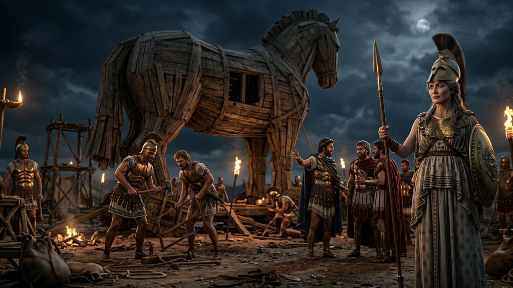 Helmeted Athena stands beside a colossal wooden horse surrounding Greek soldiers at night.
