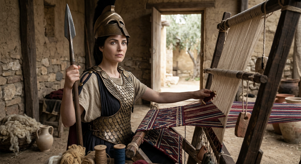 Helmeted Athena stands beside a large wooden upright loom woven with geometric patterns.