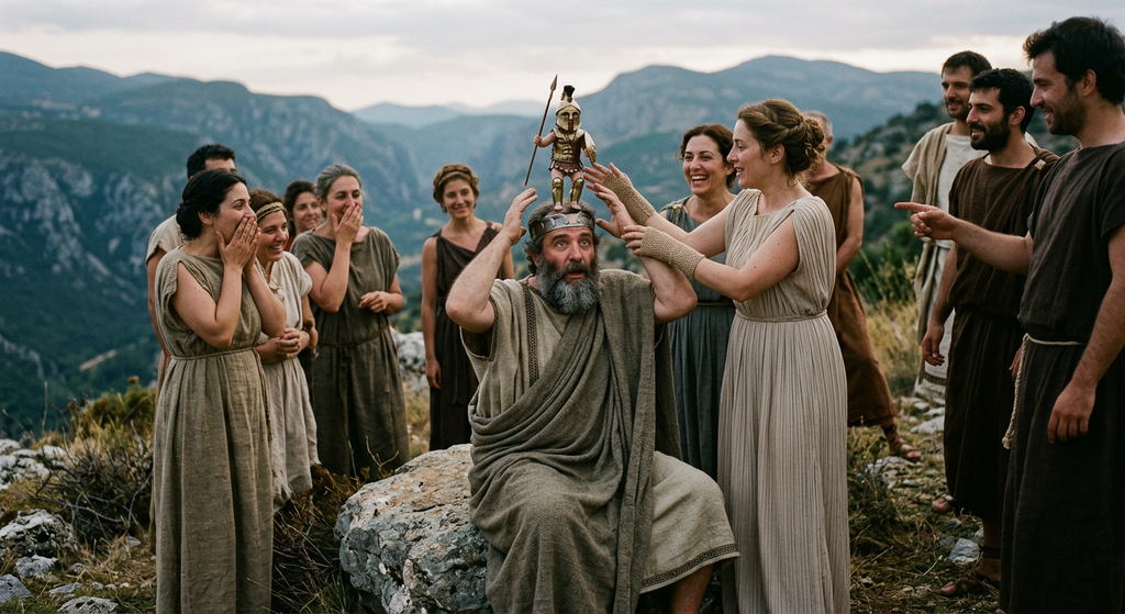 Fully armored with a helmet and spear, Athena emerges from the head of the bearded god Zeus in a wide landscape.