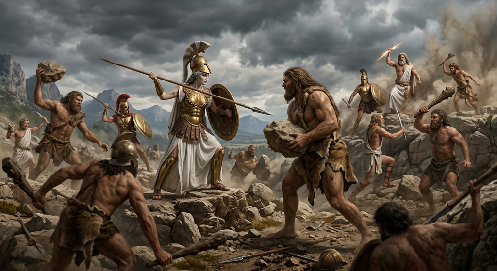 Helmeted Athena raises her spear to battle massive giants alongside other gods on a rocky field.