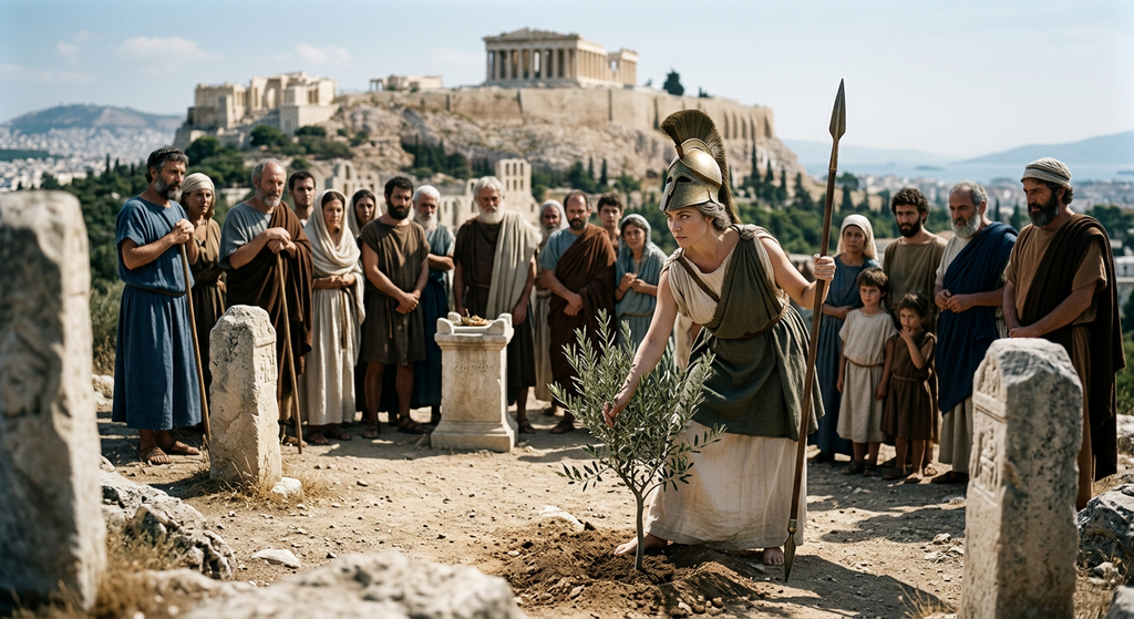 Athena in a crested helmet plants an olive tree on a rocky hill while Greek citizens watch in wonder.