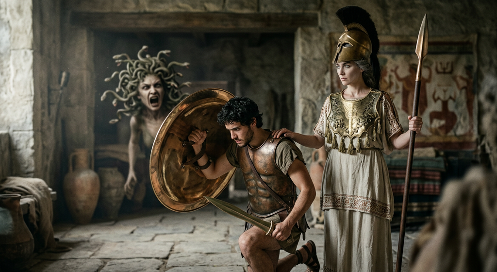 Athena watches as a young hero holds up a polished mirrored shield to view a monster safely.