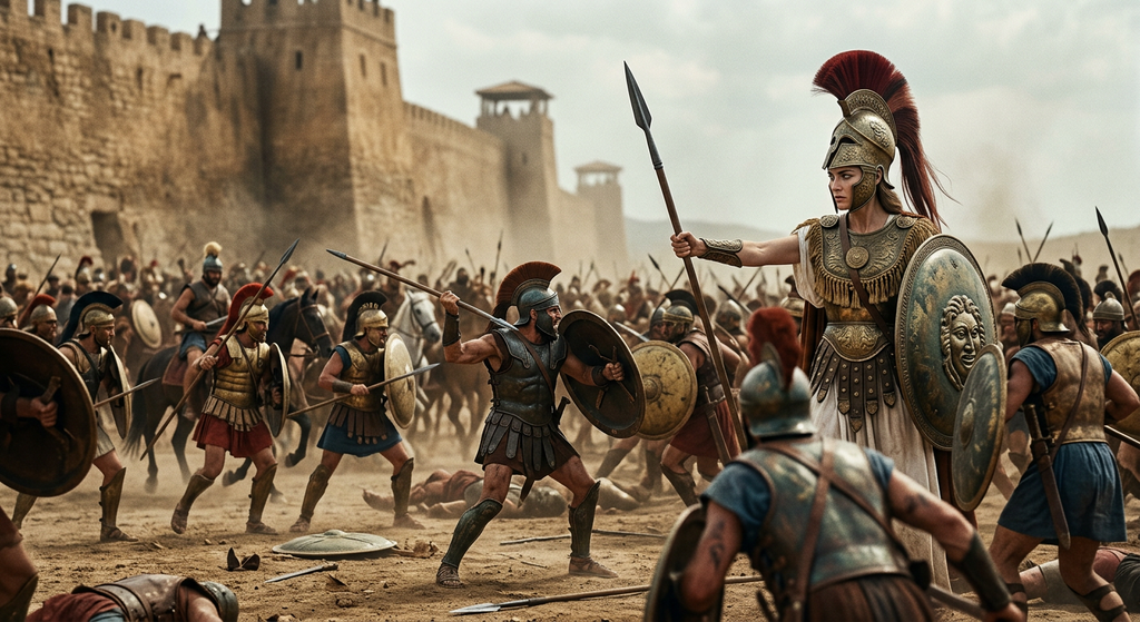 Helmeted Athena stands beside Greek warriors fighting outside the high stone walls of a great city.
