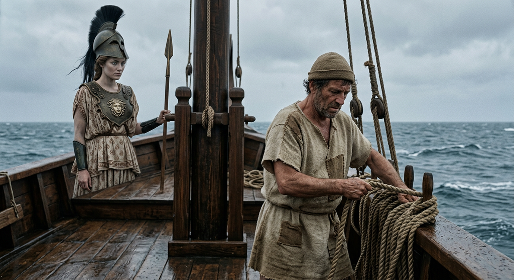 Athena in full armor watches over a weary sailor standing on the wooden deck of a ship at sea.