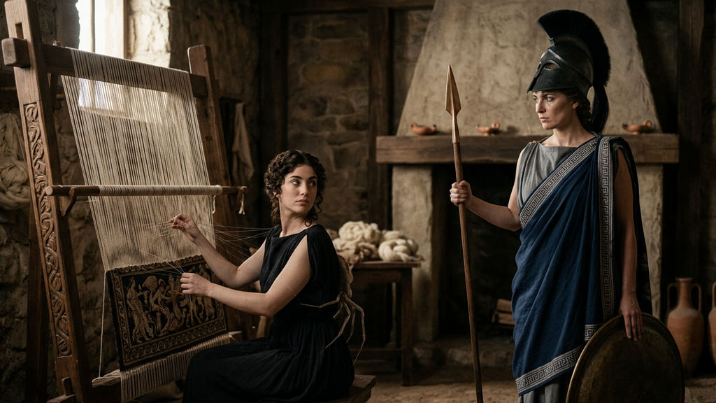 Helmeted Athena stands beside a woman weaving at an upright loom as she transforms into a spider.